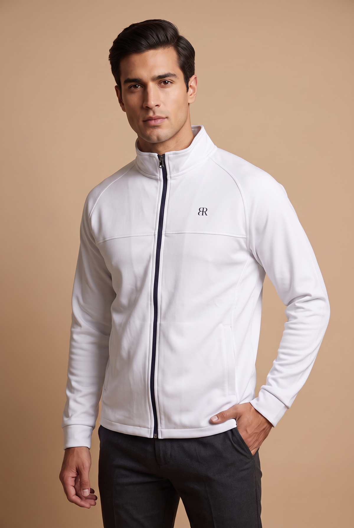 Men's White Full-Zip Jacket, front on model