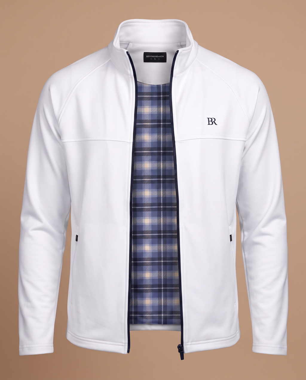 Men's White Full-Zip Jacket, front open showing plaid lining