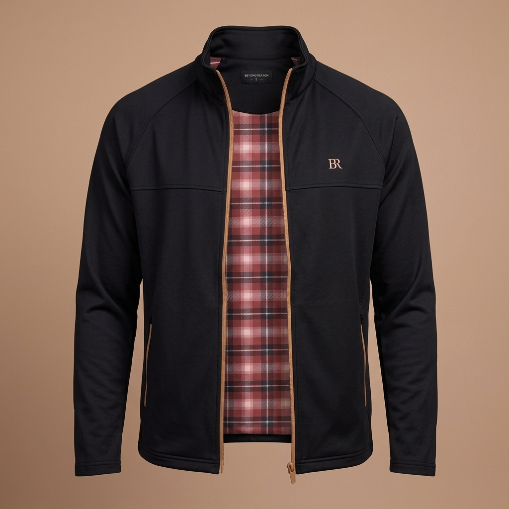 Men's Full-Zip Jacket Black - front ghost, red tartan lining