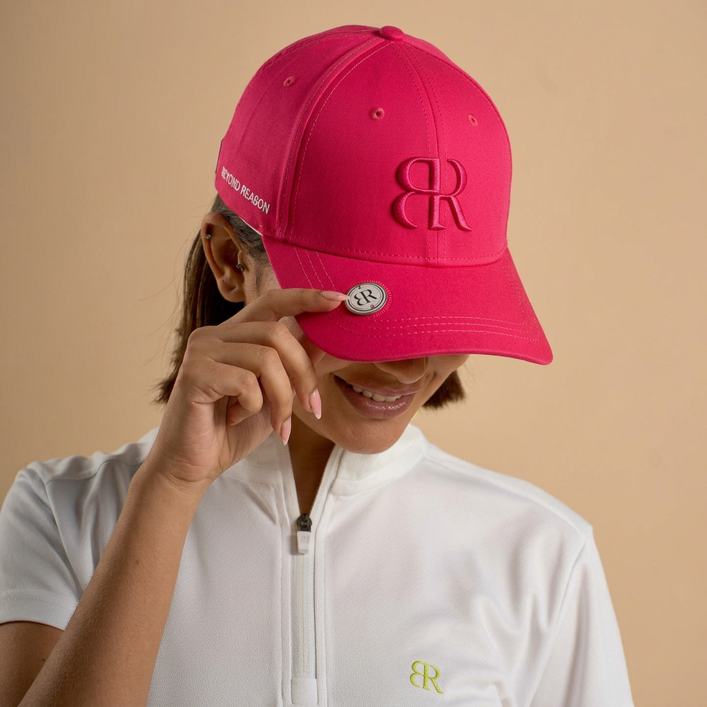 Bright Pink Cap on model - front, holding brim